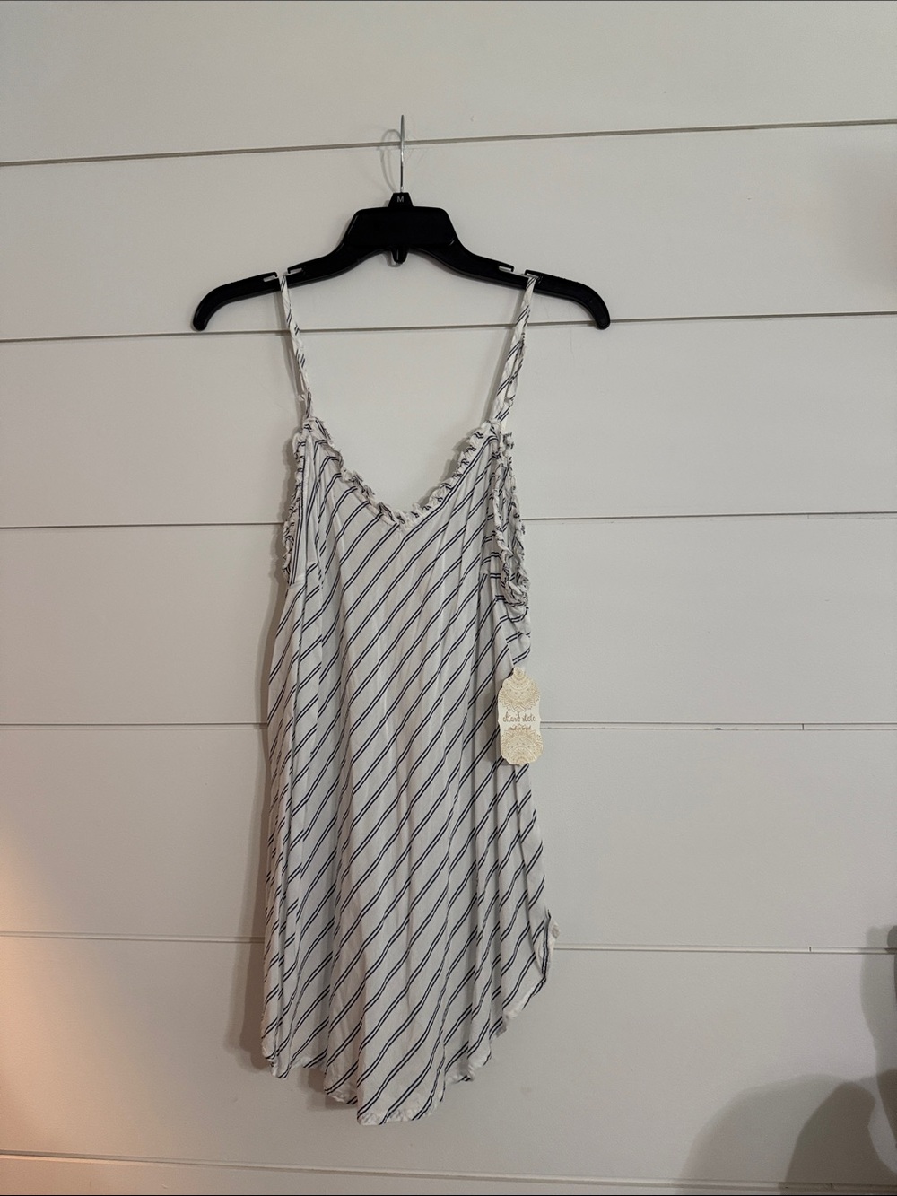 Altar'd State White and Navy Diagonal Stripe Ruffle Tank